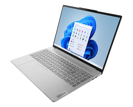 Front-right side view of IdeaPad Slim 5i Gen 9 15″ Intel laptop, showing Windows 11 Pro start menu on the screen.