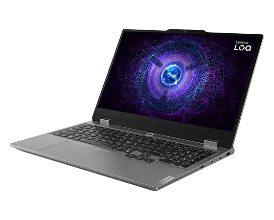 Lenovo LOQ 15IAX9 gaming laptop – right-front view, lid open, with LOQ logo on the display