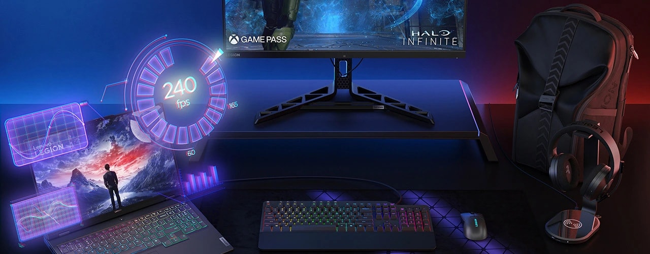 Legion Pro 7i Gen 9 at a desk, front facing with Halo Infinite on the screen