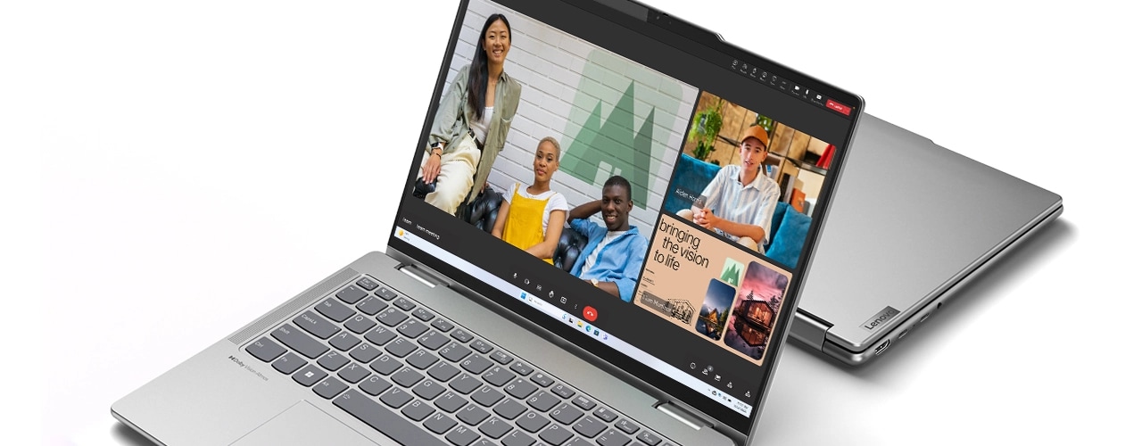 Two models of the Lenovo Yoga 7 2-in-1 Gen 9 (14 AMD), one open and one closed