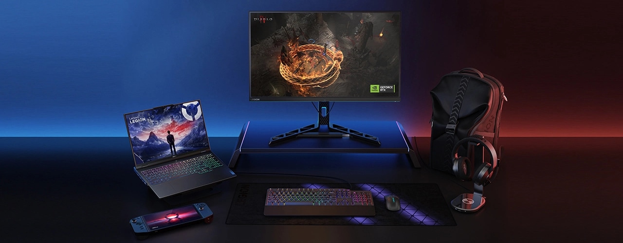 Legion Pro 7i Gen 9 on a desk connected to a Legion gaming monitor with Diablo IV on screen, with other Legion accessories around it and an NVIDIA® GeForce RTX™ badge