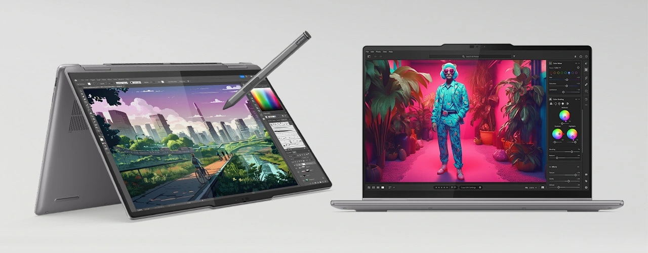 Two models of the Lenovo Yoga 7 2-in-1 Gen 9 (14 AMD), one in tent mode with digital pen, the other in laptop mode, open