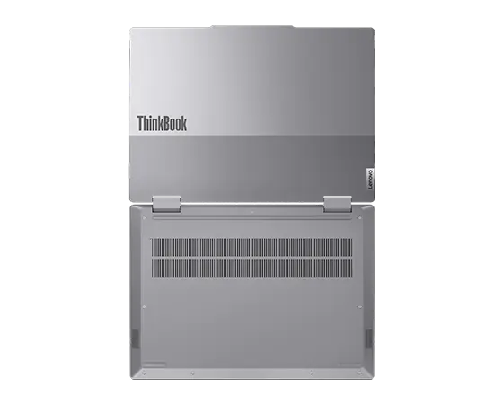 Rückseite des Lenovo ThinkBook 14 2-in-1 Gen 4 (14'' Intel) Notebooks, 180 Grad geöffnet, mit Fokus auf den oberen und unteren Abdeckungen und dem ThinkBook Logo auf der oberen Abdeckung.