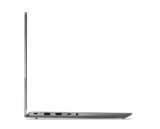 Vista del lateral izquierdo del portátil Lenovo ThinkBook 14 2-in-1 Gen 4 (35,56 cm [14''], Intel) con la tapa abierta en un ángulo de 90 grados y con puertos del lateral izquierdo visibles.
