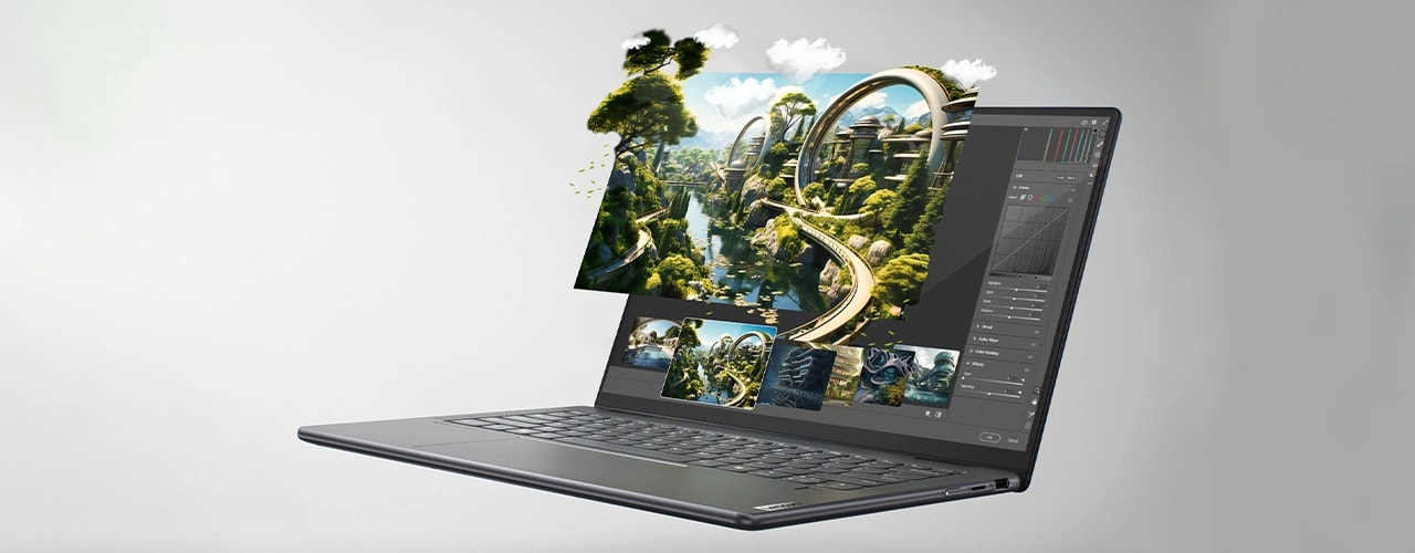 Images of greenery bursting from the display of the Yoga 7 2-in-1 Gen 9 (14 Intel)