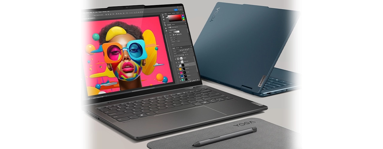 Due laptop Yoga 7 2 in 1 Gen 9 (14 Intel), aperti, con una penna digitale in primo piano