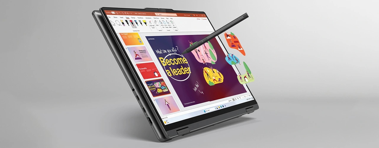 El Yoga 7 2-in-1 Gen 9 (16 Intel) en modo tablet con un lápiz digital