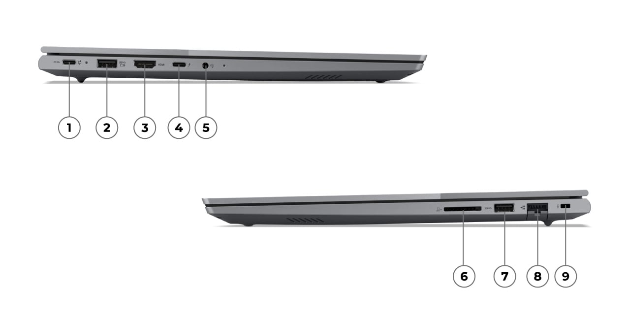 Left & right side view of Lenovo ThinkBook 16 Gen 7 (16 inch Intel) laptop with closed lid, showing labeled left side ports from 1 to 5 followed by labeled right side ports from 6 to 9.