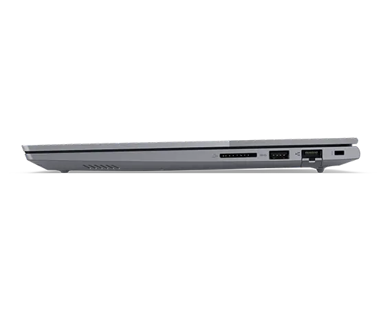 Vista lato destro del laptop Lenovo ThinkBook 14 Gen 7 (14'' Intel) con coperchio chiuso, con dettaglio delle quattro porte.
