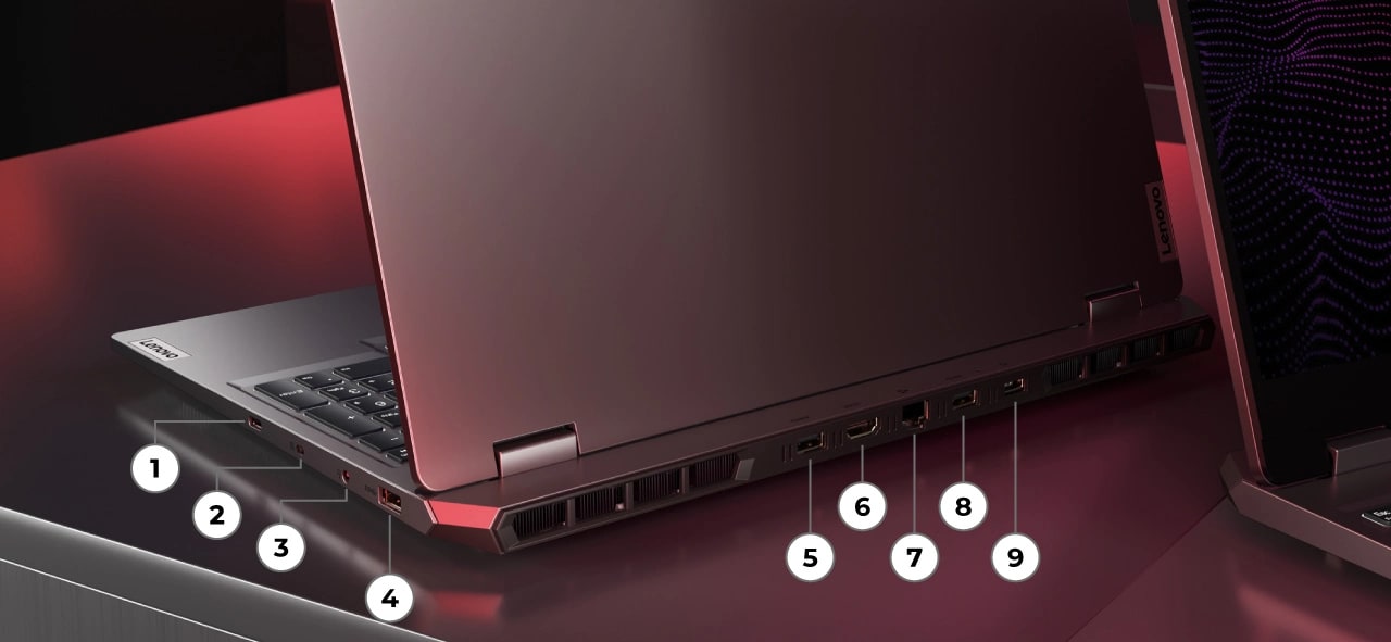 Вид сзади справа на ноутбук Lenovo LOQ 15AHP9 с линиями и цифрами, обозначающими порты.
