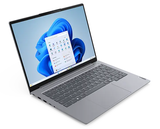 Front, left side view of Lenovo ThinkBook 14 Gen 7 (14 inch Intel) laptop opened at a wide angle, focusing a Windows 11 Pro menu opened on the screen.
