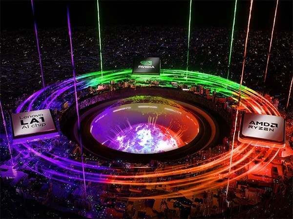 Swirling colors forming a circle contain an AMD Ryzen CPU, and NVIDIA GPU, and the Lenovo LA1 AI chip