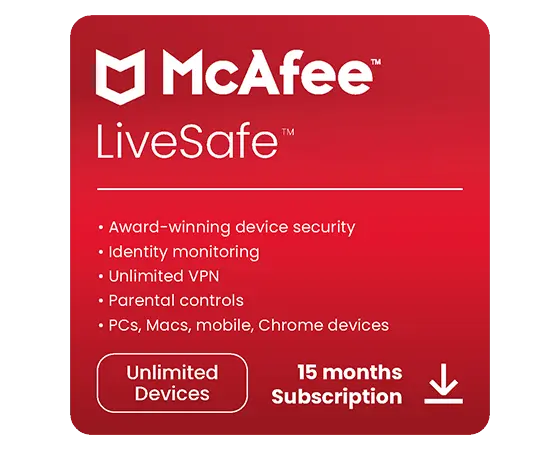 McAfee LiveSafe 15 months Protection & Secure VPN for unlimited devices