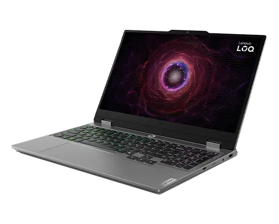 Vista del ángulo frontal derecho de la laptop Lenovo LOQ Gen 9 (15”, AMD), abierta