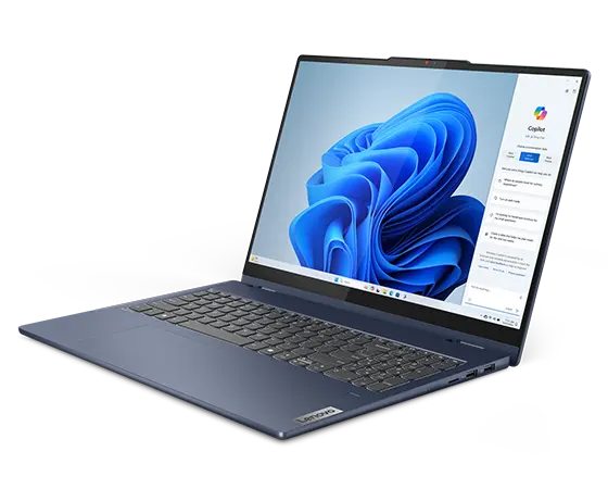Front, right side view of the Lenovo IdeaPad 5 2-in-1 Gen 9 (16 inch AMD) laptop in Cosmic Blue opened at a wide angle, focusing its keyboard & display with Windows Copilot menu opened on the screen.