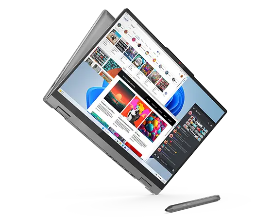 Front view of the Lenovo IdeaPad 5 2-in-1 Gen 9 (16 inch AMD) Luna Grey laptop in tablet mode, slightly tilted from the left, focusing different apps on the screen & a Lenovo Digital Pen placed on the right side.