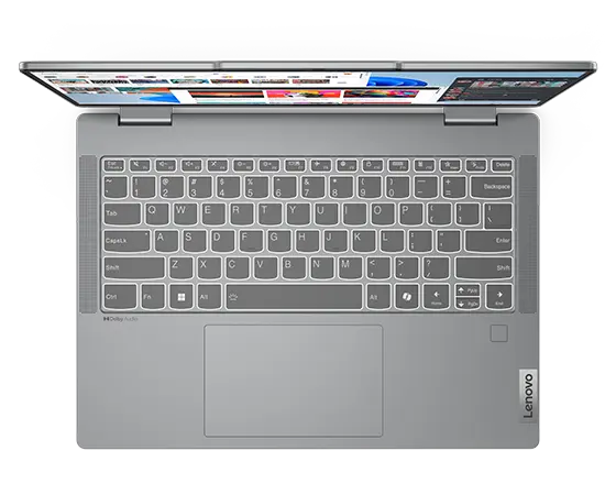 Bovenaanzicht van de Lenovo IdeaPad 5 2-in-1 Gen 9 (14'' AMD)-laptop in Luna Grey, 90 graden geopend, met weergave van het toetsenbord en de touchpad.