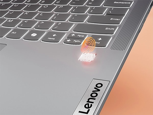 Cut-short view of the Lenovo IdeaPad 5 2-in-1 Gen 9 (14 inch AMD) laptop’s keyboard in Luna Grey, focusing an illustration of the fingerprint sensor emerging from its right side, underneath the numeric keypad.