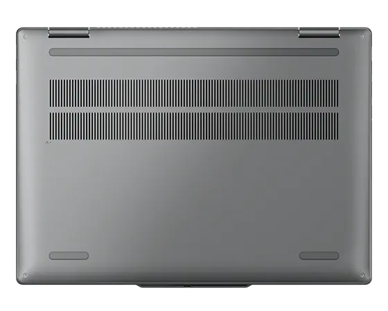 Bovenaanzicht van de onderkant van de Lenovo IdeaPad 5 2-in-1 Gen 9 (14'' AMD)-laptop in Luna Grey, met weergave van de ventilatiegaten.