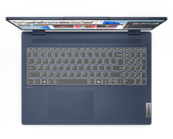 Overhead shot of the Lenovo IdeaPad 5 2-in-1 Gen 9 (16 inch AMD) laptop in Cosmic Blue opened at 90 degrees, focusing its keyboard and touchpad.