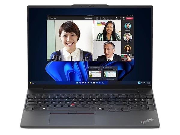 Linke Seite des Notebooks Lenovo ThinkPad E16 Gen 2 (16'' Intel), geöffnet, mit Display und Tastatur.