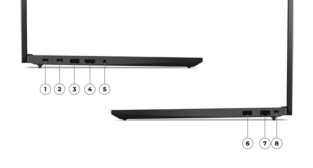 Cận cảnh cạnh trái của máy tính xách tay Lenovo ThinkPad E16 Gen 2 (16” Intel), hiển thị các cổng và khe cắm. Cận cảnh bên phải của máy tính xách tay Lenovo Lenovo ThinkPad E16 Gen 2 (16” Intel), hiển thị các cổng và khe cắm.