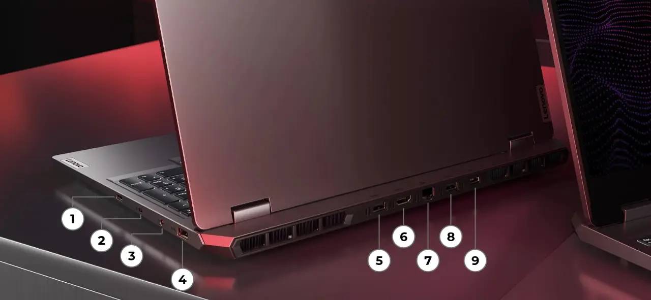 Back right view of the Lenovo LOQ 15AHP9 laptop with lines and numerals designating ports 