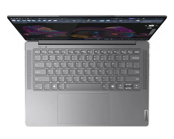 Yoga Pro 7 Gen 9 (14″ AMD) in Luna Grey birds eye view of keyboard