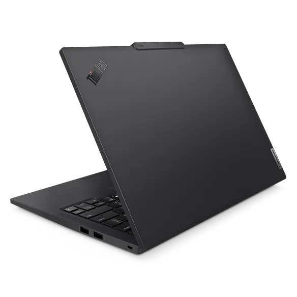 Rear, right side view of the Lenovo ThinkPad T14s Gen5 (14” Intel) Eclipse Black laptop opened at an acute angle, focusing its right side ports & carbon fiber-based top cover.