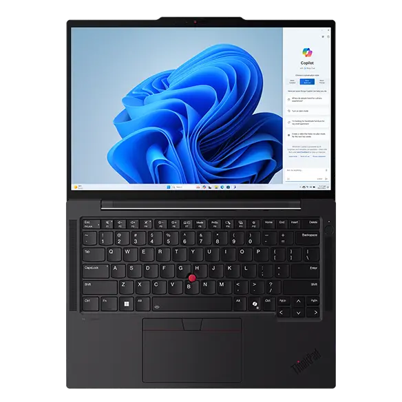 Overhead shot of the Lenovo ThinkPad T14s Gen5 (14'' Intel) Eclipse Black laptop opened at 180 degrees, focusing its keyboard & display with a Windows Copilot menu opened on the screen.