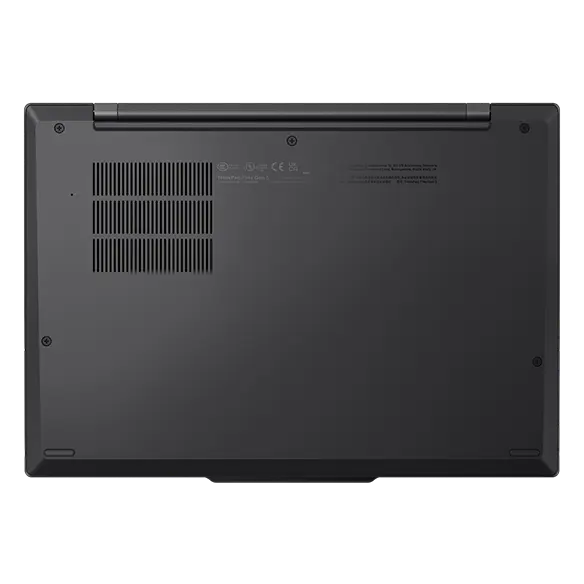 Vista aérea del portátil Lenovo ThinkPad T14s Gen5 (35,56 cm [14''] Intel) Eclipse Black cerrado, enfocando su cubierta inferior y conductos de ventilación traseros de aluminio.