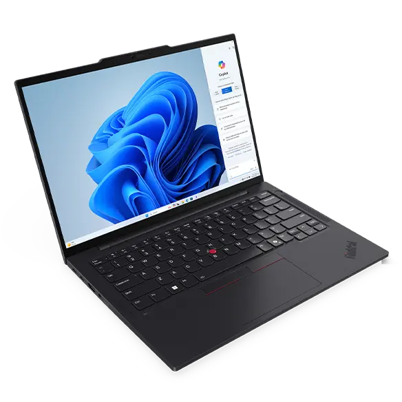 Front, left side view of the Lenovo ThinkPad T14s Gen5 (14'' Intel) Eclipse Black laptop opened at an acute angle, focusing its keyboard & display with a Windows Copilot menu opened on the screen.
