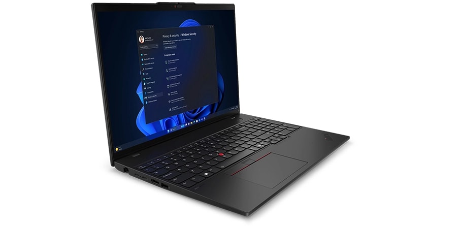 Lenovo ThinkPad L16 laptop front-faced right showcasing security options.