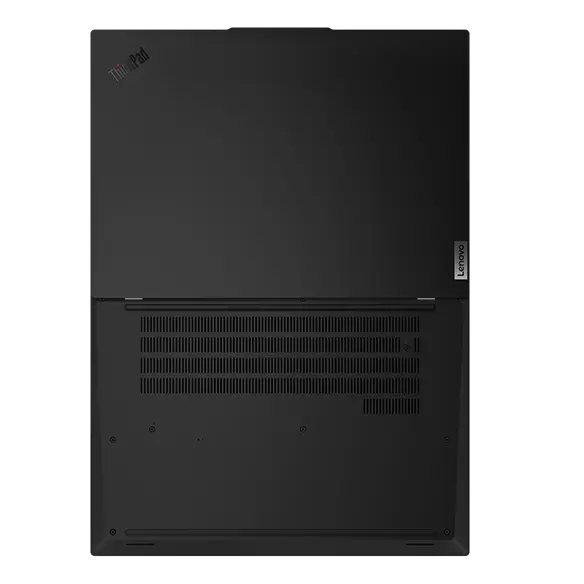 Rear view of Lenovo ThinkPad L16 laptop, open 180 degrees.