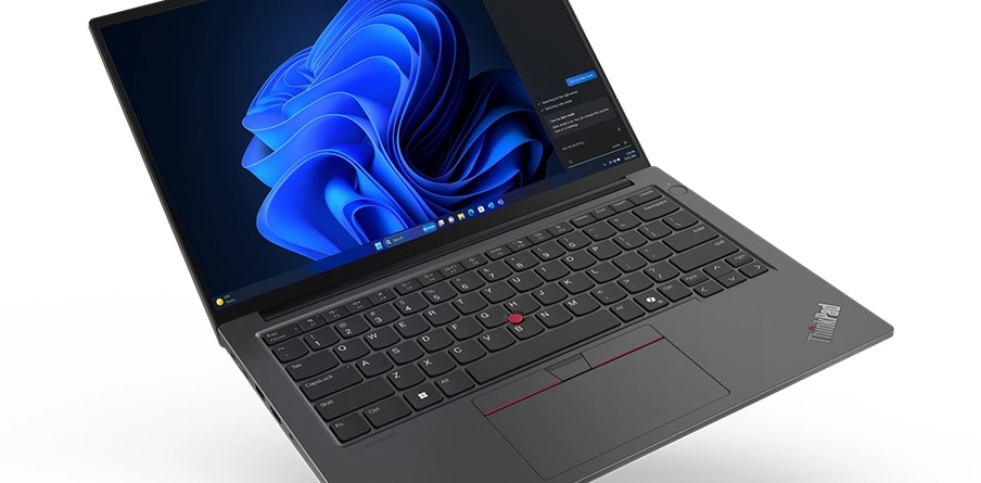 Ordinateur portable ThinkPad E14 Gen 6 (14" AMD) — vue de face, légèrement à gauche, incliné sur le coin avant gauche, couvercle ouvert, graphique bleu ondulé sur l'écran