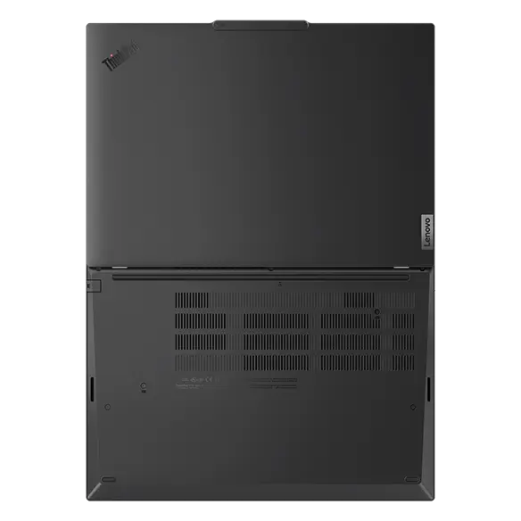 Ordinateur portable Lenovo ThinkPad T16 Gen 3 (16'' Intel) — vue de dessous, capot ouvert à plat.