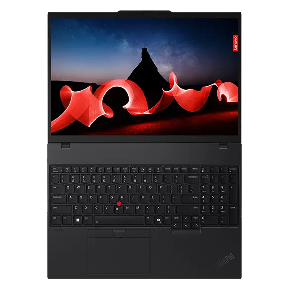 Lenovo ThinkPad T16 Gen 3 (16" Intel) laptop — view from above, lid open flat, with nighttime image of hilly horizon and silhouette of a steep hill or pyramid and red- and white-laser effects in the foreground