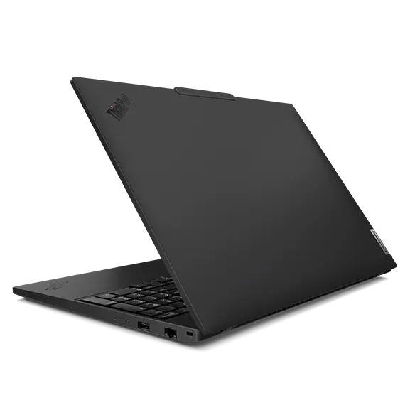 Ordinateur portable Lenovo ThinkPad T16 Gen 3 (16'' Intel) — vue arrière depuis la droite, capot partiellement ouvert