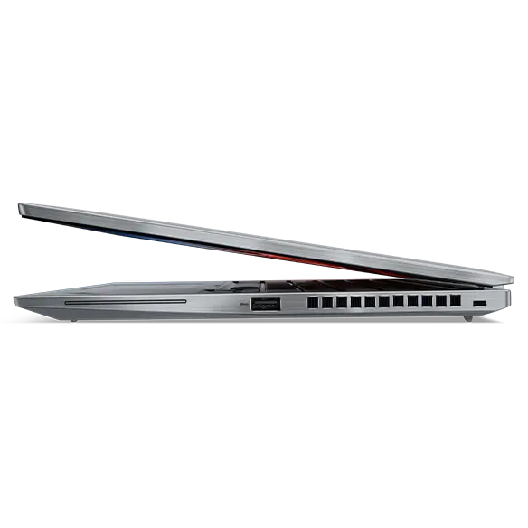 Profil droit du portable Lenovo ThinkPad T14s Gen 4 en gris arctique, avec couvercle à peine ouvert.
