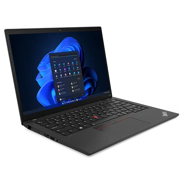 Lenovo ThinkPad T14 Gen 4 (14″ Intel) Notebook, um 90 Grad geöffnet, schräg mit Blick auf die Anschlüsse auf der linken Seite, die Tastatur und das Display