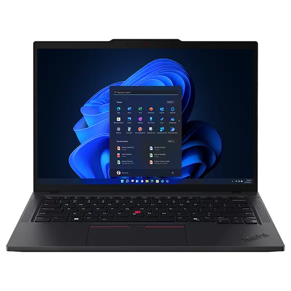 Close-up, front, right side view of the Lenovo ThinkPad T14 Gen 5 (14'' Intel) Eclipse Black laptop opened at a wide angle, focusing its keyboard & display with Windows 11 Pro menu opened on the screen.