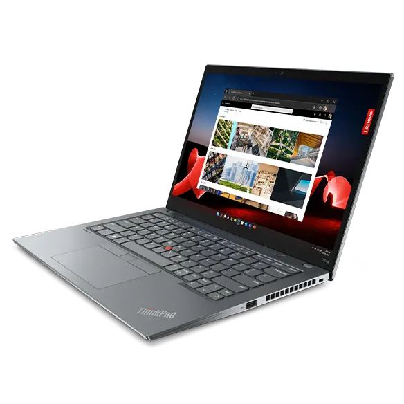 Vue aérienne du portable Lenovo ThinkPad T14s Gen 4 en gris arctique, ouvert à 90 degrés, ports du côté droit, clavier et écran.