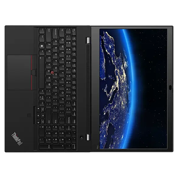 Aerial view of ThinkPad T15p Gen 3 (15" Intel) mobile workstation, opened 180 degrees, laid flat, showing display and keyboard