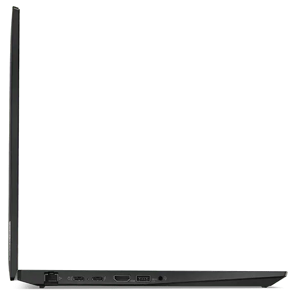 Left-side profile of the Lenovo ThinkPad T16 Gen 2 laptop open 90 degrees.