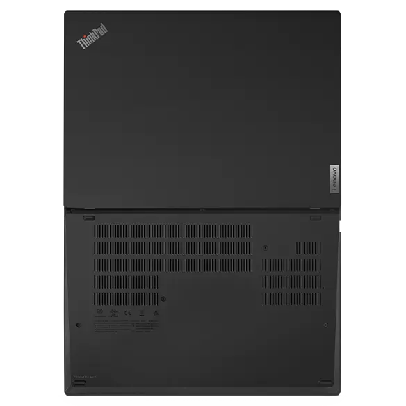 Plano cenital del portátil Lenovo ThinkPad T14 Gen 4 abierto 180 grados, mostrando las cubiertas superior e inferior.