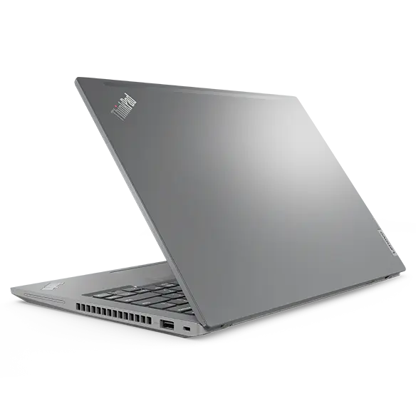 Vista lateral derecha flotante del portátil Lenovo ThinkPad T14 Gen 4 en Storm Grey, abierto 180 grados y mostrando la pantalla, el teclado y los puertos.