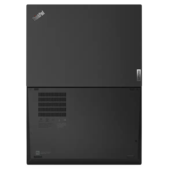Overhead shot of the Lenovo ThinkPad T14s Gen 4 laptop open 180 degrees, showing top & bottom covers. 