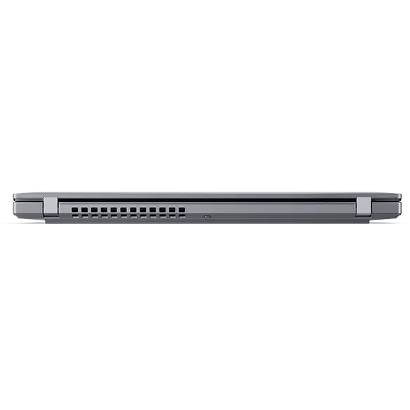 Vista trasera del portátil Lenovo ThinkPad T14 Gen 5 (14'' Intel) Luna Grey con la tapa cerrada, enfocando sus conductos de ventilación.