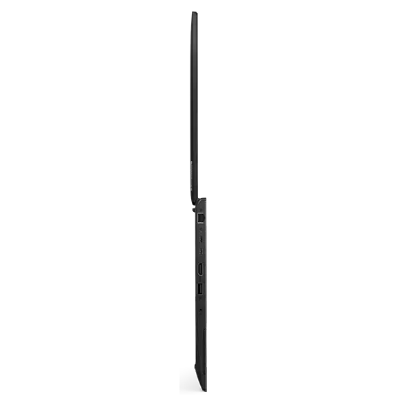 Lenovo ThinkPad L15 Gen 4 (15” AMD) laptop – left view, lid open 180 degrees, standing on front edge