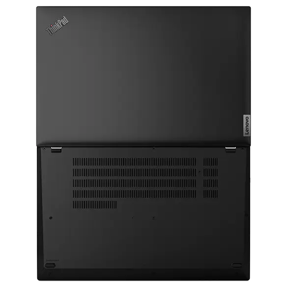 Lenovo ThinkPad L15 Gen 4 (15” AMD) laptop – rear view from below, lid open 180 degrees